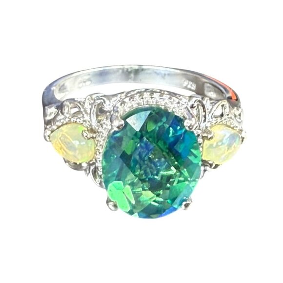 Exotic Peacock Quartz & Opal Ring in Sterling Silver Size 11 - Picture 2 of 9